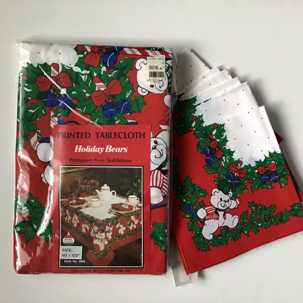 Bardwil Christmas Holiday Teddy Bear Tablecloth and 6 Napkins New